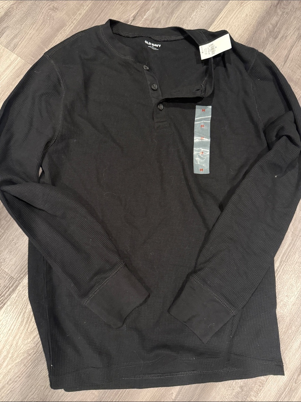 Old Navy Men's Black Long-Sleeve Waffle Henley Shirt